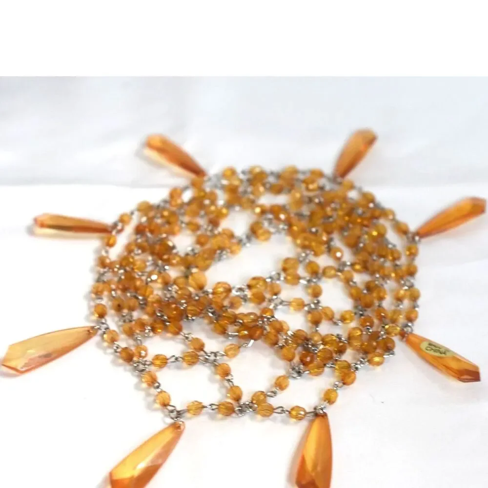 Vintage 1920 Style Orange Beads/Crystal Dangle Silver Tone Links Hair Covering